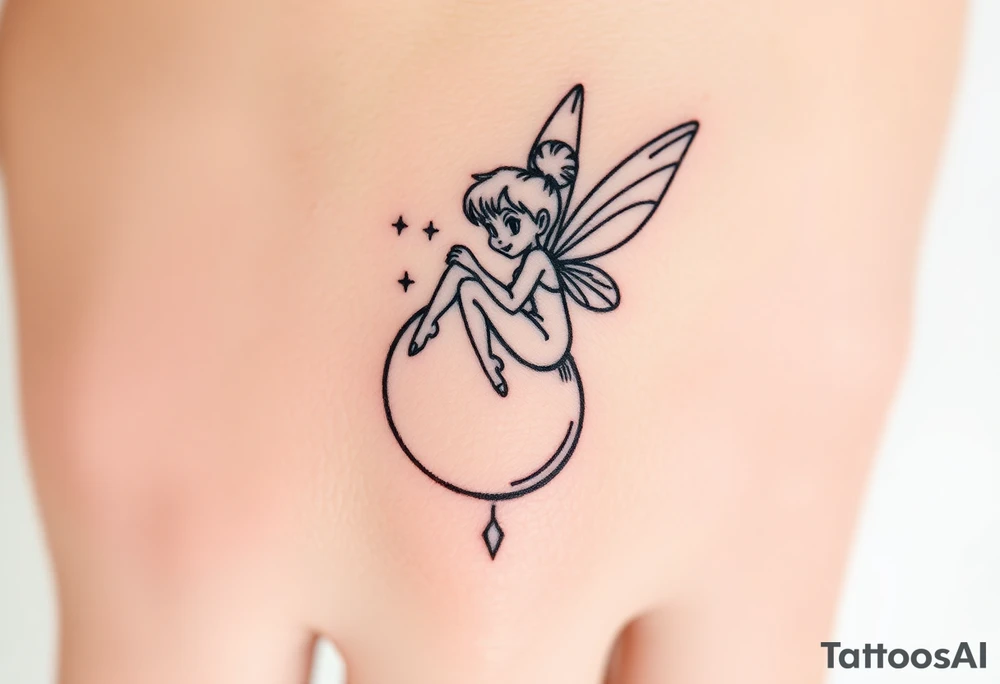 Tinkerbell sitting on a crest moon thrown pixie dust tattoo idea