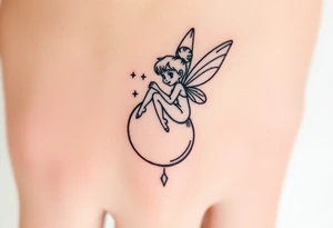 Tinkerbell sitting on a crest moon thrown pixie dust tattoo idea