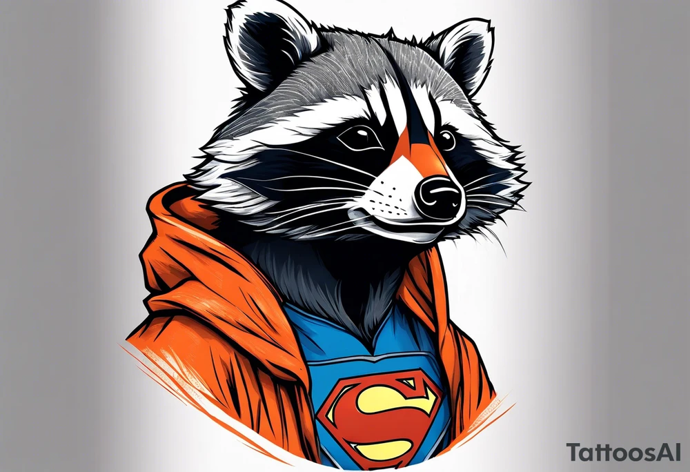 Raccoon wearing an orange Superman hoodie tattoo idea