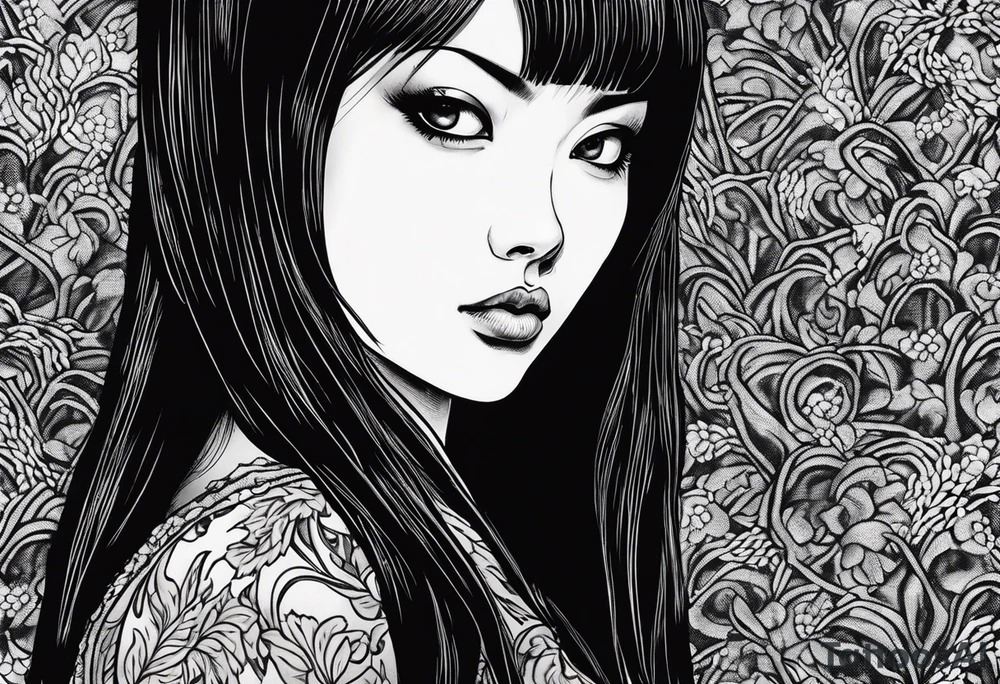 portrait of tomie a character by the horror author junji ito full body standing menacingly.  a mole below her left eye tattoo idea