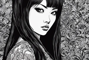 portrait of tomie a character by the horror author junji ito full body standing menacingly.  a mole below her left eye tattoo idea