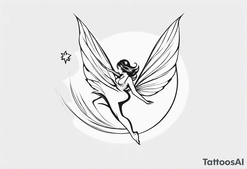 Minimalistic, monochromatic fairy with a tail flying to the left in a fetal position, leaning and looking in the same direction, with visible hands, embodying the 'Fairy Tail' logo aesthetic. tattoo idea