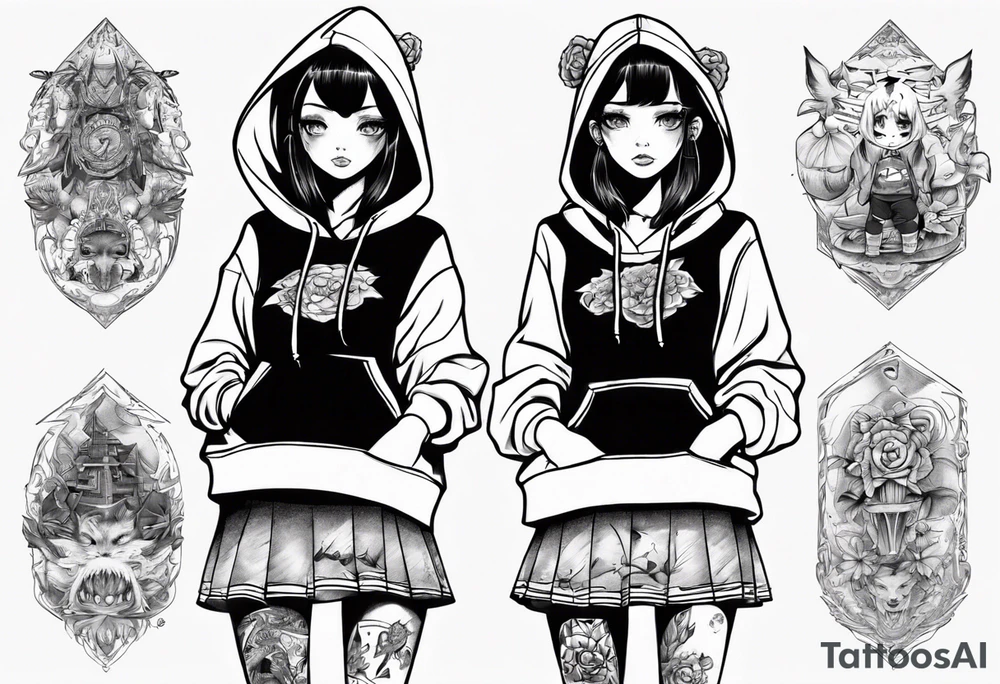 A girl in short skirt wearing a hoodie with her legs crossed tattoo idea