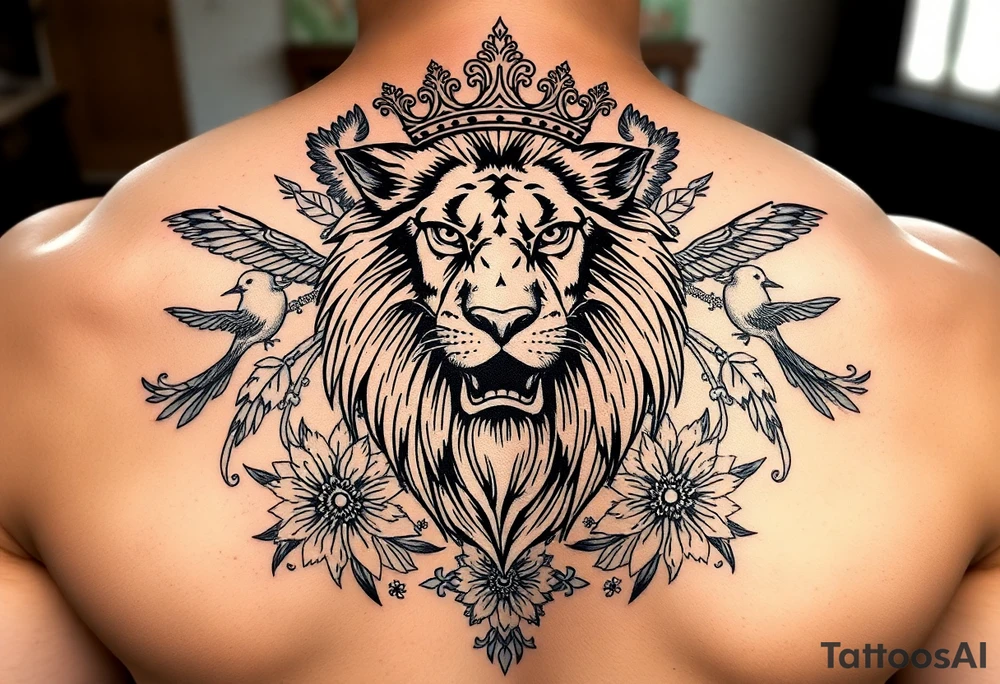 powerful majestic lion with a crown, surrounded by floral ornaments and birds tattoo idea