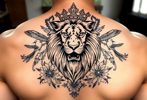 powerful majestic lion with a crown, surrounded by floral ornaments and birds tattoo idea