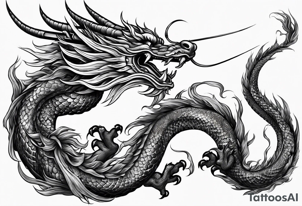 Brushstroke oriental dragon with wrapped around a sword tattoo idea