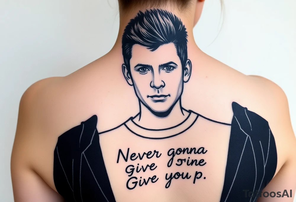 Rick Astley's Face, shoulders, Arms, Black jacket, Black and White stripe T-shirt outline with text "Never Gonna Give You Up" tattoo idea