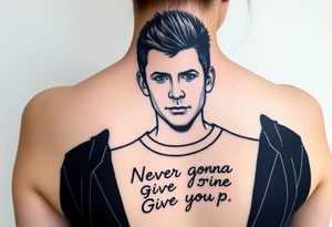 Rick Astley's Face, shoulders, Arms, Black jacket, Black and White stripe T-shirt outline with text "Never Gonna Give You Up" tattoo idea