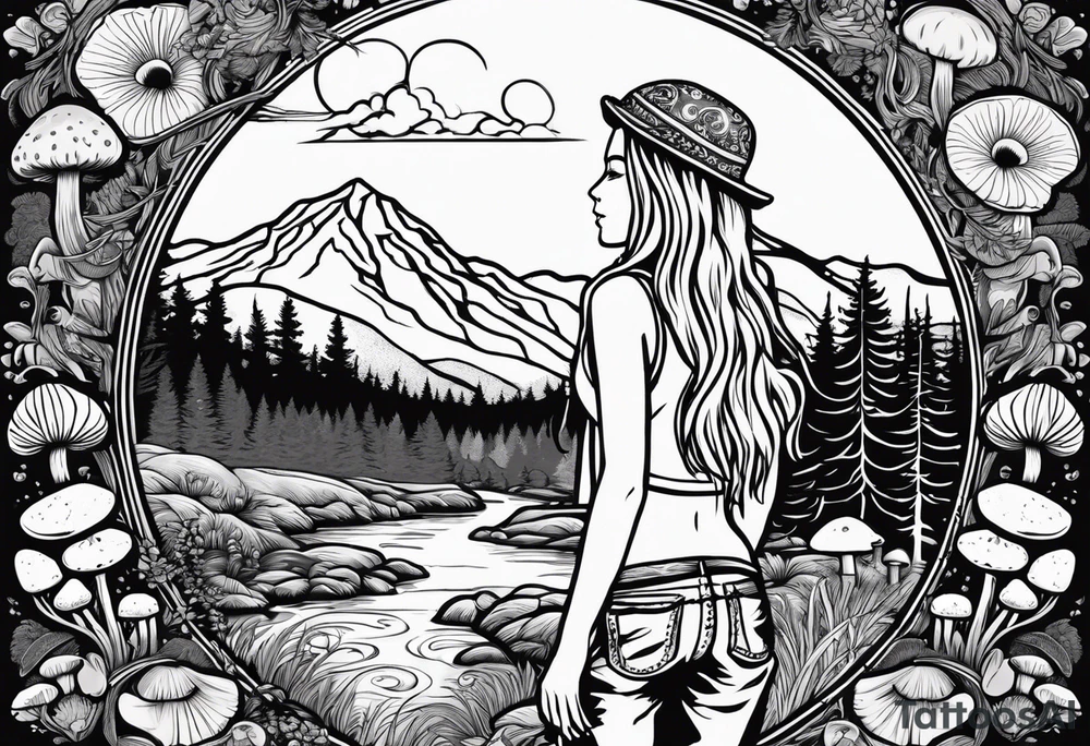 Whole picture encircled fully

Straight long blonde hair hippie girl in distance holding mushrooms in hand facing away toward mountains and creek surrounded by mushrooms tee shirt and hiking pants; whole rendering within a full circle, no cut off circle tattoo idea