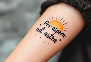 In bold blackletter font, the Latin quote "Per aspera ad astra"  blazes across a sunbeam backdrop of golden-yellow and fiery orange. tattoo idea