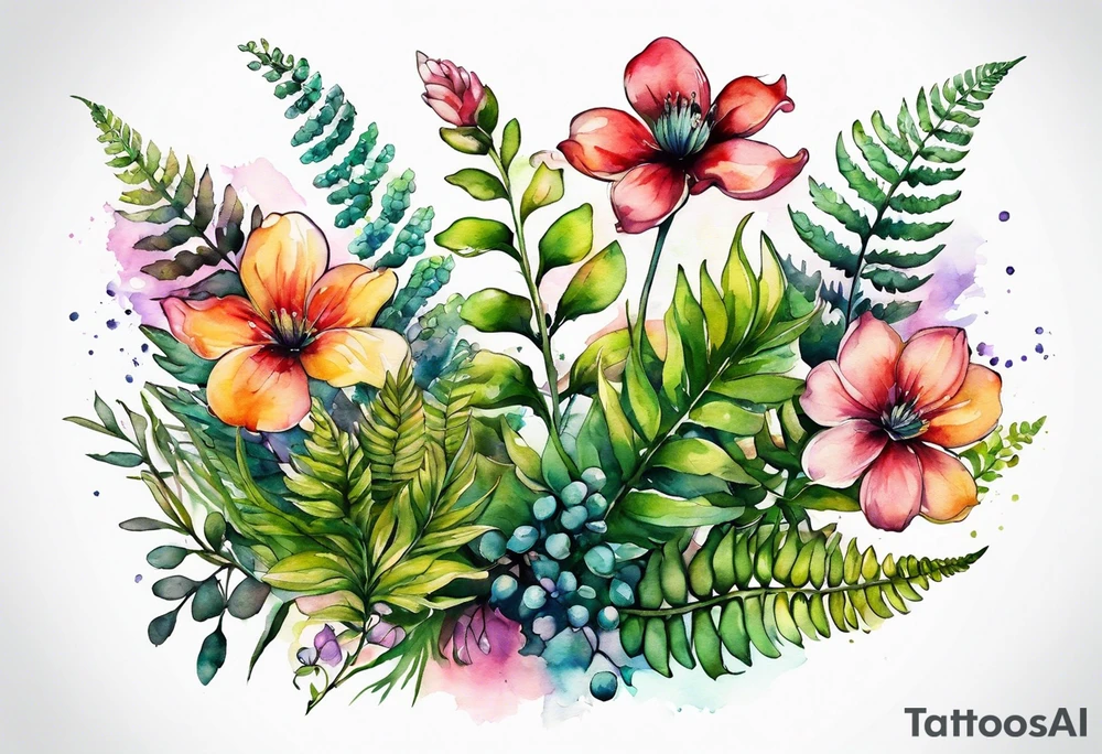 Three wild flowers with ferns all watercolor tattoo idea
