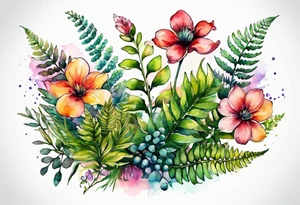 Three wild flowers with ferns all watercolor tattoo idea