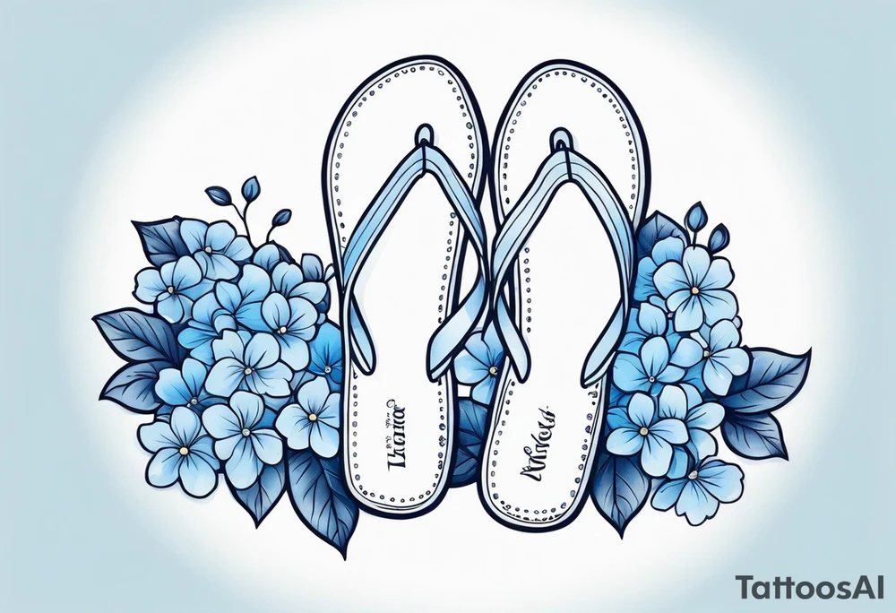 small tattoo of a light blue flip flop surrounded by blue hydrangea flowers tattoo idea