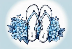 small tattoo of a light blue flip flop surrounded by blue hydrangea flowers tattoo idea