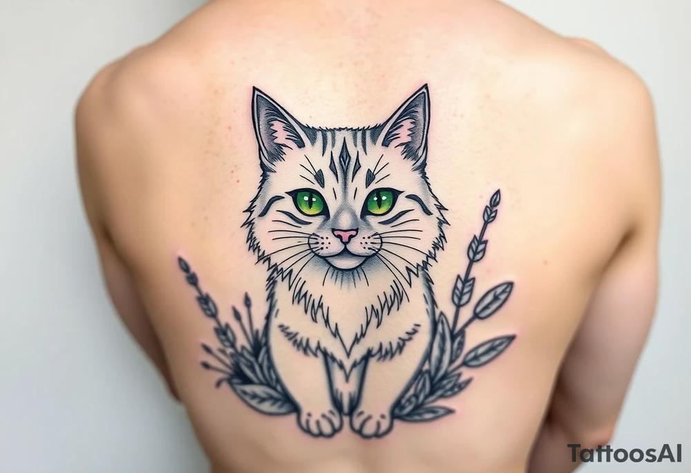 6x6 Minimalist cartoon style tattoo for back of thigh of along haired grey cat with green eyes surrounded by house plants tattoo idea
