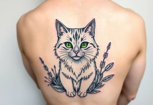 6x6 Minimalist cartoon style tattoo for back of thigh of along haired grey cat with green eyes surrounded by house plants tattoo idea