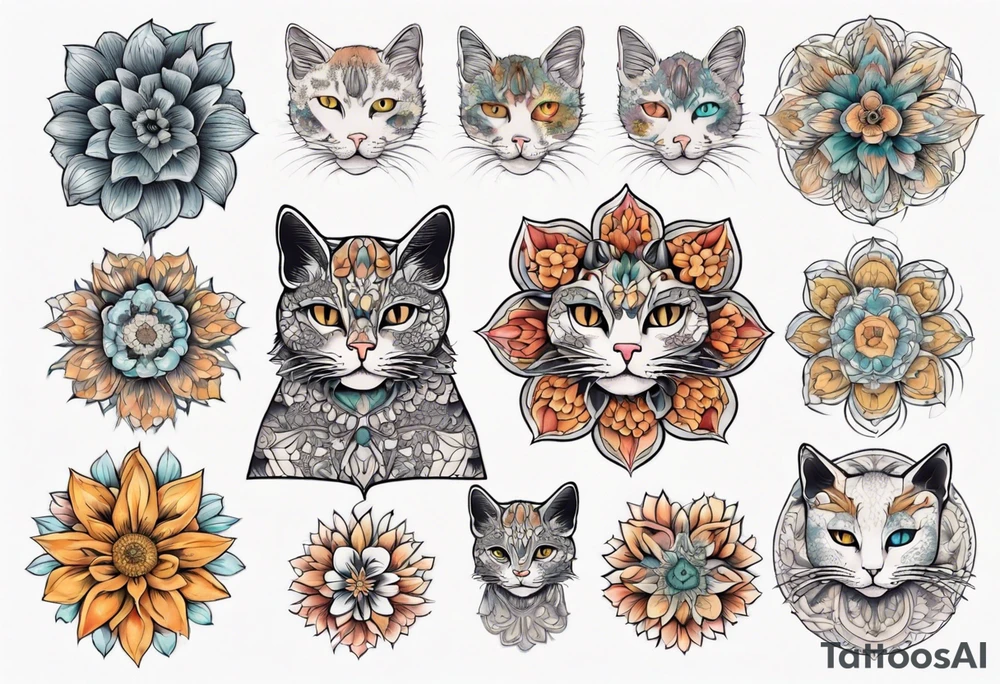 Cat colored flowers Mandala tattoo idea