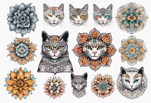 Cat colored flowers Mandala tattoo idea