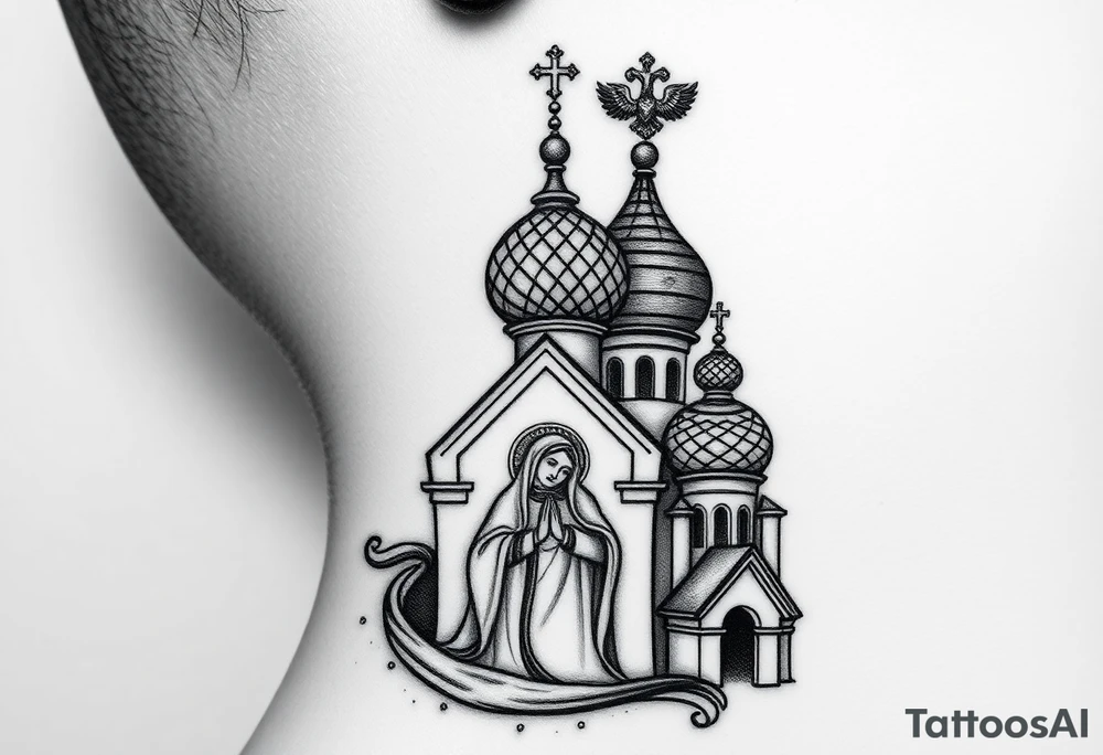 Flowing Scene

A onion domes orthodox church
Virgin Mary in prayer pose wrapping around the lower neck curve
A small double headed russian coat of arms eagle or just the star tucked above the dome near the hairline tattoo idea