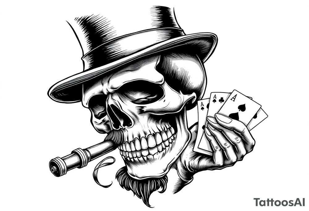 a skull with mustache,top-hat, cigar in his mouth and playing cards in a hand. tattoo idea