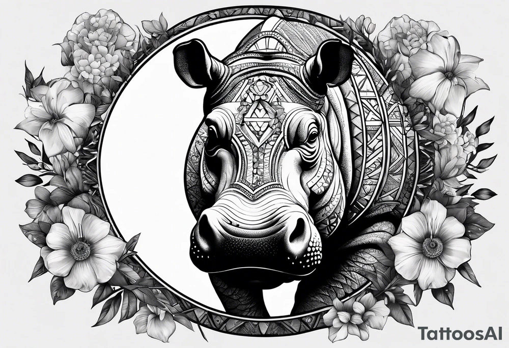 Hippo, flowers, moon, fine lines, tribal, geometric tattoo idea