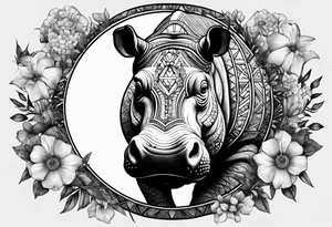 Hippo, flowers, moon, fine lines, tribal, geometric tattoo idea