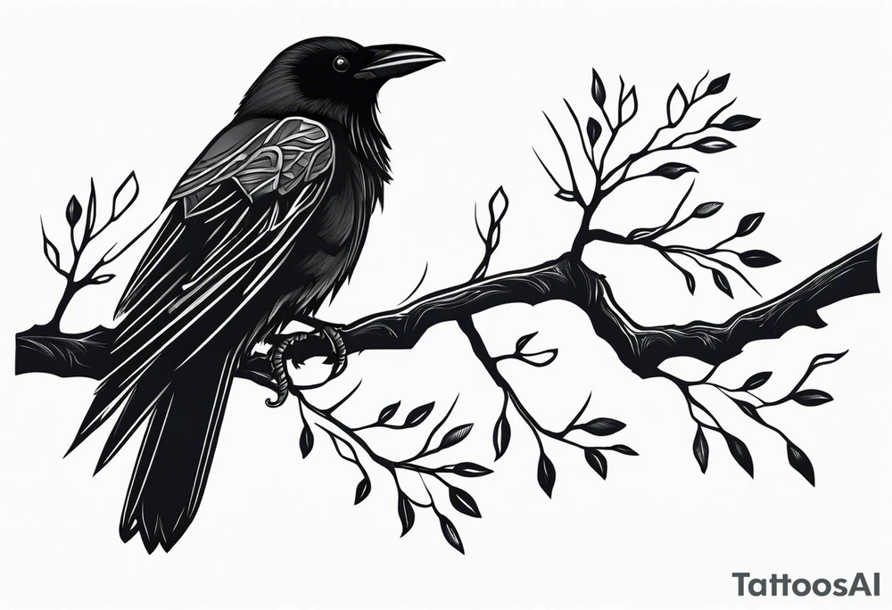 a black raven hanging on a tree branch tattoo idea