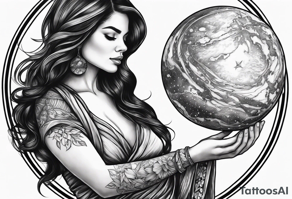 A woman holding a planet tattoo idea