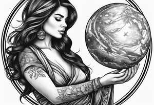 A woman holding a planet tattoo idea