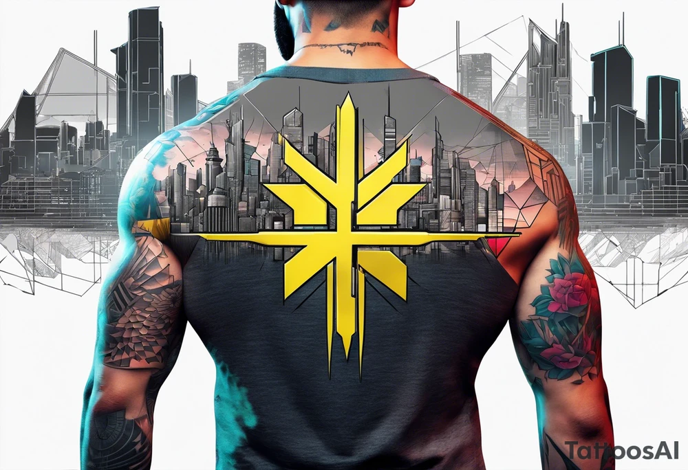 cyberpunk 2077, chest tattoo, geometric, subtle, men, city skyline, 4k tattoo idea