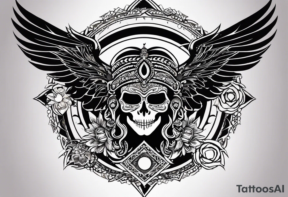 black kali, goddess pirate, alien, angel, pachamama, valkrye, warrior, flying, skull, lotus azul, wing, eagle, zenza resonance, stars, 5D, anahata chakra, death, durga, riding on a tiger, flying lady tattoo idea