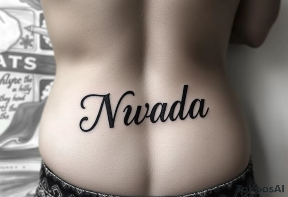 a woman's waist with the word "Nwada" written on her waist make her sit on the bed make it more sexy and make it more realistic tattoo idea