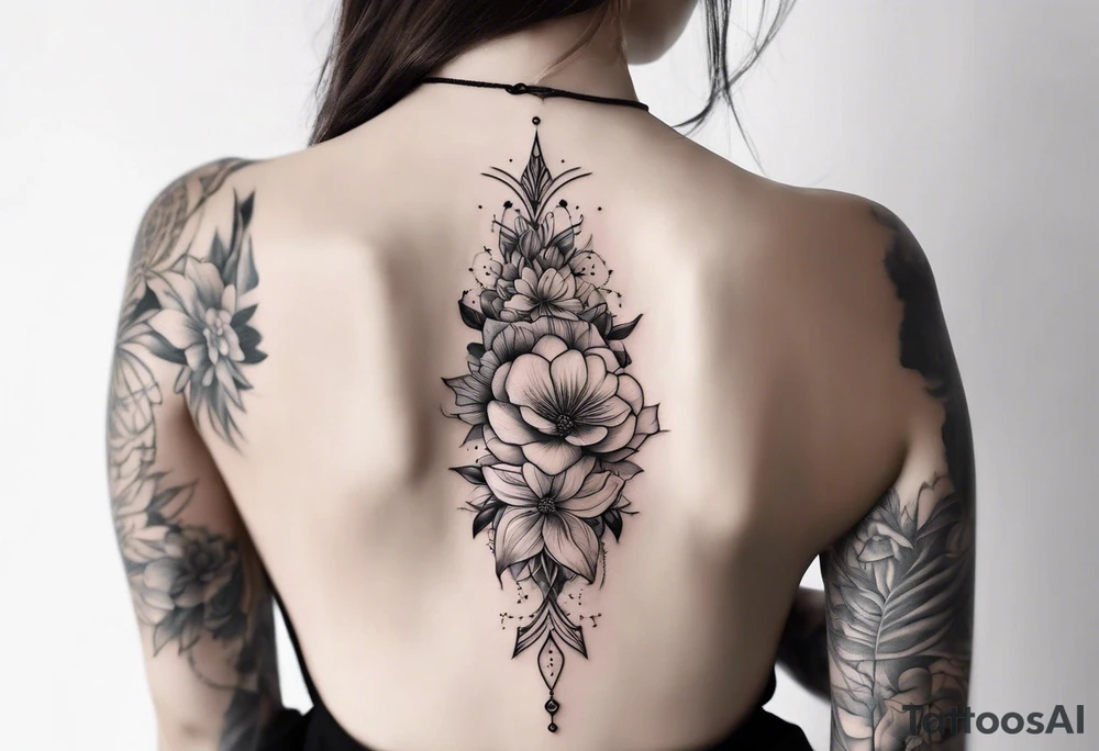 Tattoo on Woman’s Spine fine line, flower, moon, balance, eternity, perfection, love, patience, rising out of suffering tattoo idea