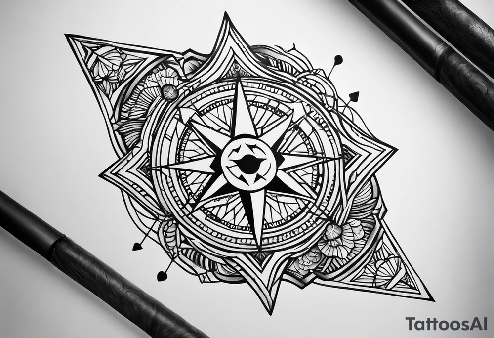 Fine line tattoo in the left forearm on the bottom side. The tattoo will have three shapes placed in a triangle formation. The top shape will be a either a plus sign or a heart that symbolizes health. The bottom left will have a compass rose or a shape symbol for purpose. The bottom right will have three circles placed in a triangle formation to symbolize family. Tattoo should be minimalist with just the shapes filled in and no ornaments tattoo idea