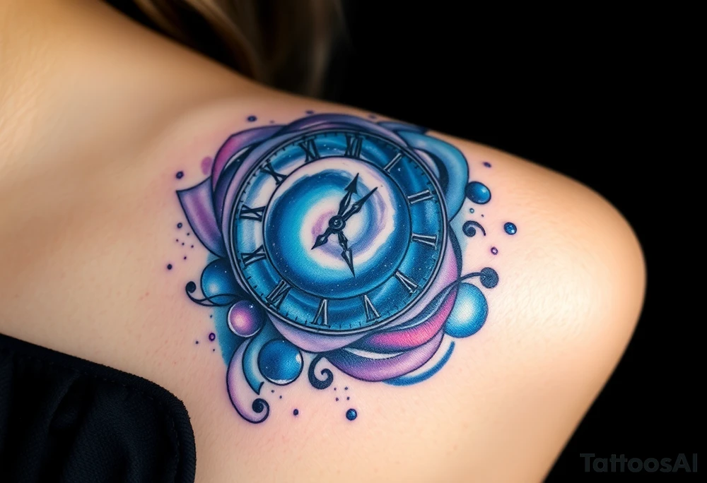 A clock made from swirling galaxies, symbolizing a love that was destined in the stars, in deep blues, purples, and silver tattoo idea