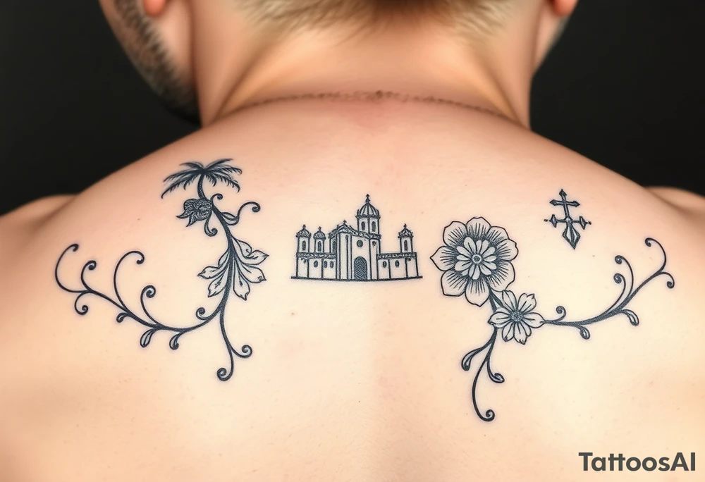 Two people setting out on a powerful new life journey to San Miguel de Allende, Mexico. Include colorful and delicate vines, ornaments, and floral accents. tattoo idea