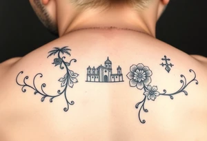 Two people setting out on a powerful new life journey to San Miguel de Allende, Mexico. Include colorful and delicate vines, ornaments, and floral accents. tattoo idea