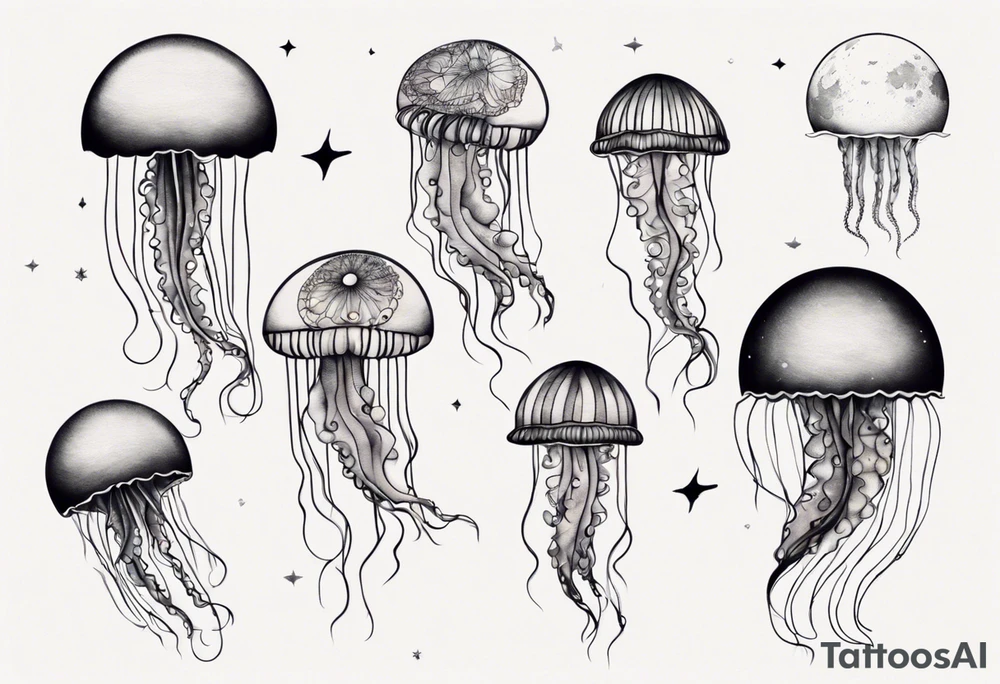 1 jellyfish swimming in front of the moon tattoo idea