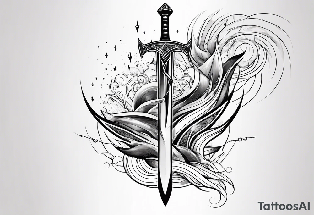 Geometric, sword, lightning bolt and waves tattoo idea