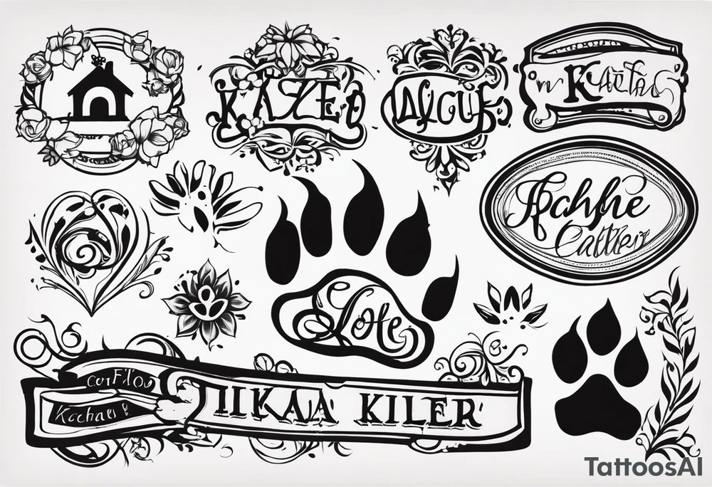 Tattoo including a paw print one for each of my dogs their names are "Tasha Katie Kiera Zeke Pixie Bud Bear" tattoo idea