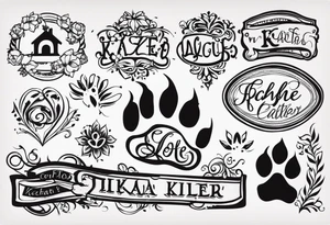 Tattoo including a paw print one for each of my dogs their names are "Tasha Katie Kiera Zeke Pixie Bud Bear" tattoo idea