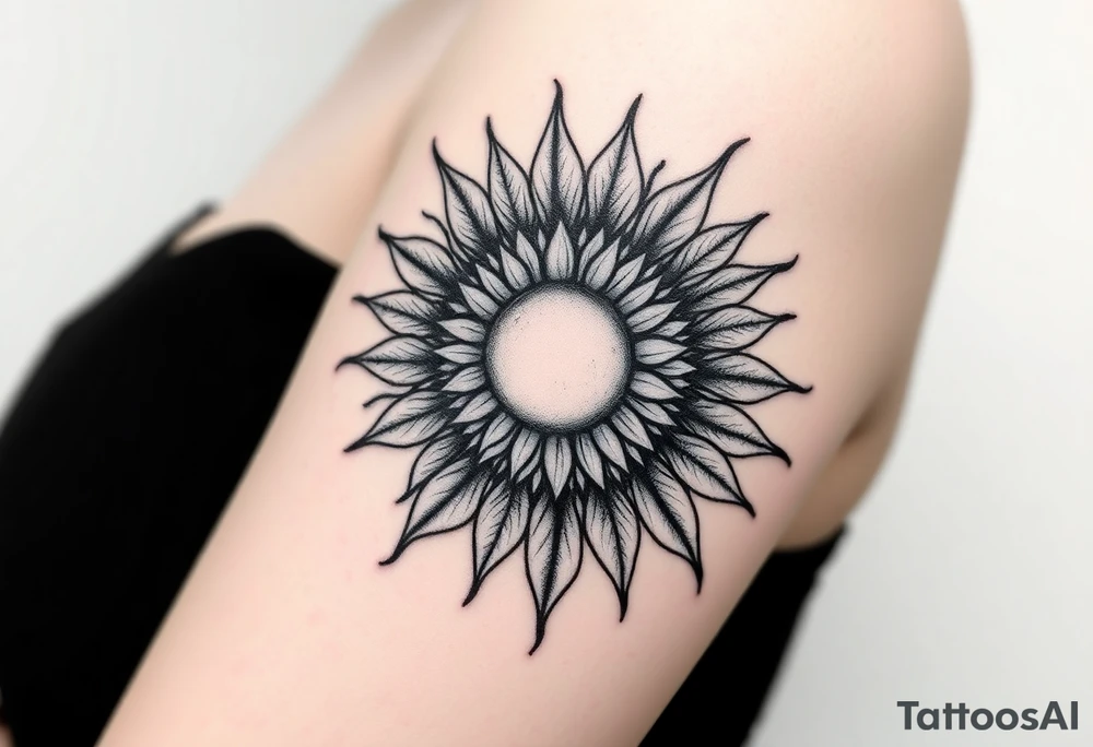 Shining Mystical sun with long  leaning sunflower sun tattoo idea