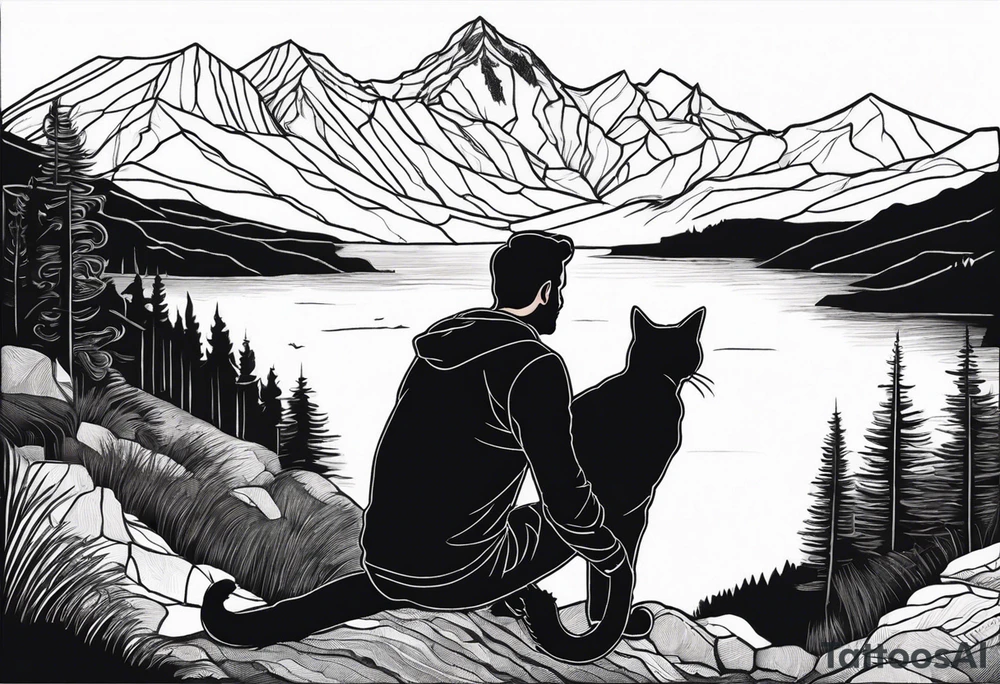 Man waking up trail with cat on side of him, Black Forest and mountains behind with lake tattoo idea