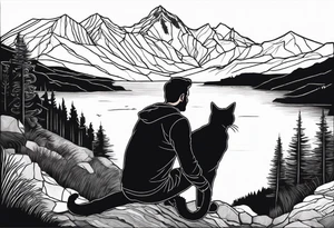 Man waking up trail with cat on side of him, Black Forest and mountains behind with lake tattoo idea