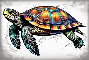 A turtle running on 2 legs across a finish line tattoo idea
