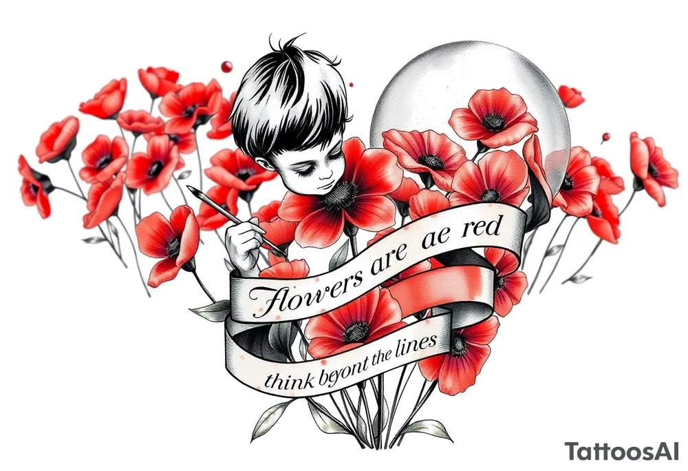 A possible design could feature:
•	A small child holding a paintbrush, painting a vibrant flower among a field of uniform red flowers.
•	A contrast between one colorful flower and the rest being red, symbolizing creativity vs. conformity.
•	A flowing ribbon with the phrase "Flowers are Red" or "Think Beyond the Lines" in elegant script.
•	A mix of watercolor and sketch styles to highlight both freedom and rigidity. tattoo idea