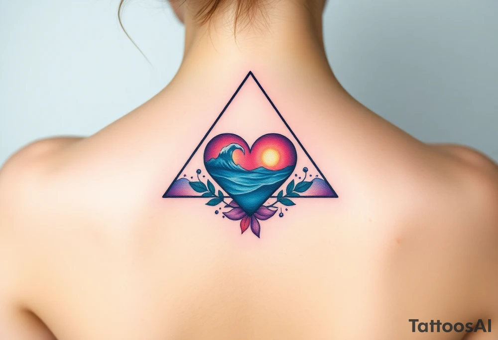 A triangle with a big heart in the center with an ocean theme tattoo idea