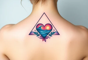 A triangle with a big heart in the center with an ocean theme tattoo idea
