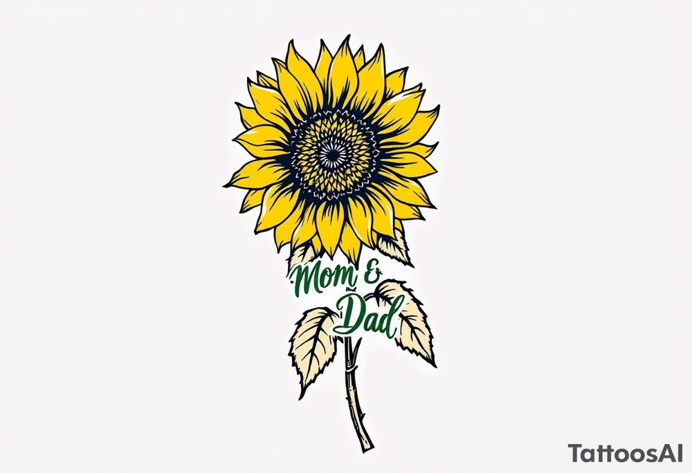 A bright sunflower in yellow and orange with “Mom & Dad” written along the stem in flowing green script. tattoo idea