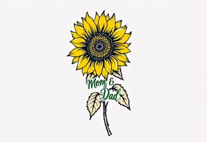 A bright sunflower in yellow and orange with “Mom & Dad” written along the stem in flowing green script. tattoo idea